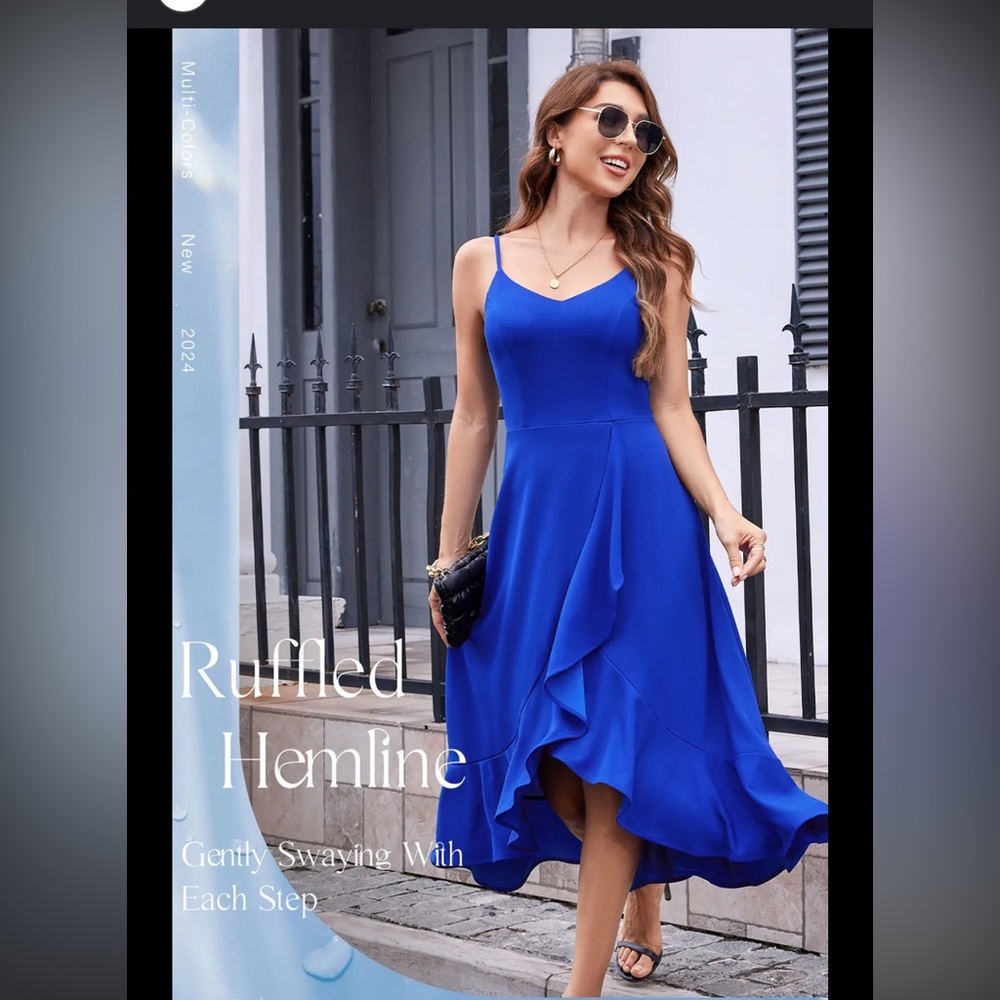 Elegant Blue Ruffled Hemline Dress